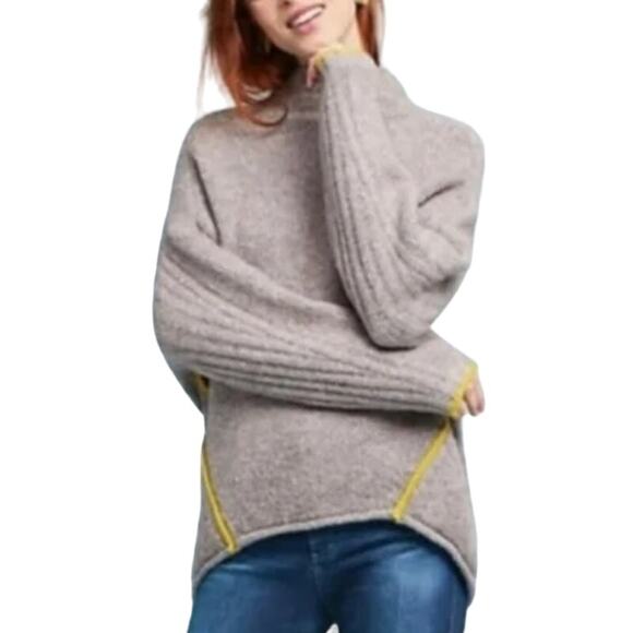 Anthropologie XS Moth Oversized Paloma Sweater Tan Yellow Seam Detail - Picture 1 of 9